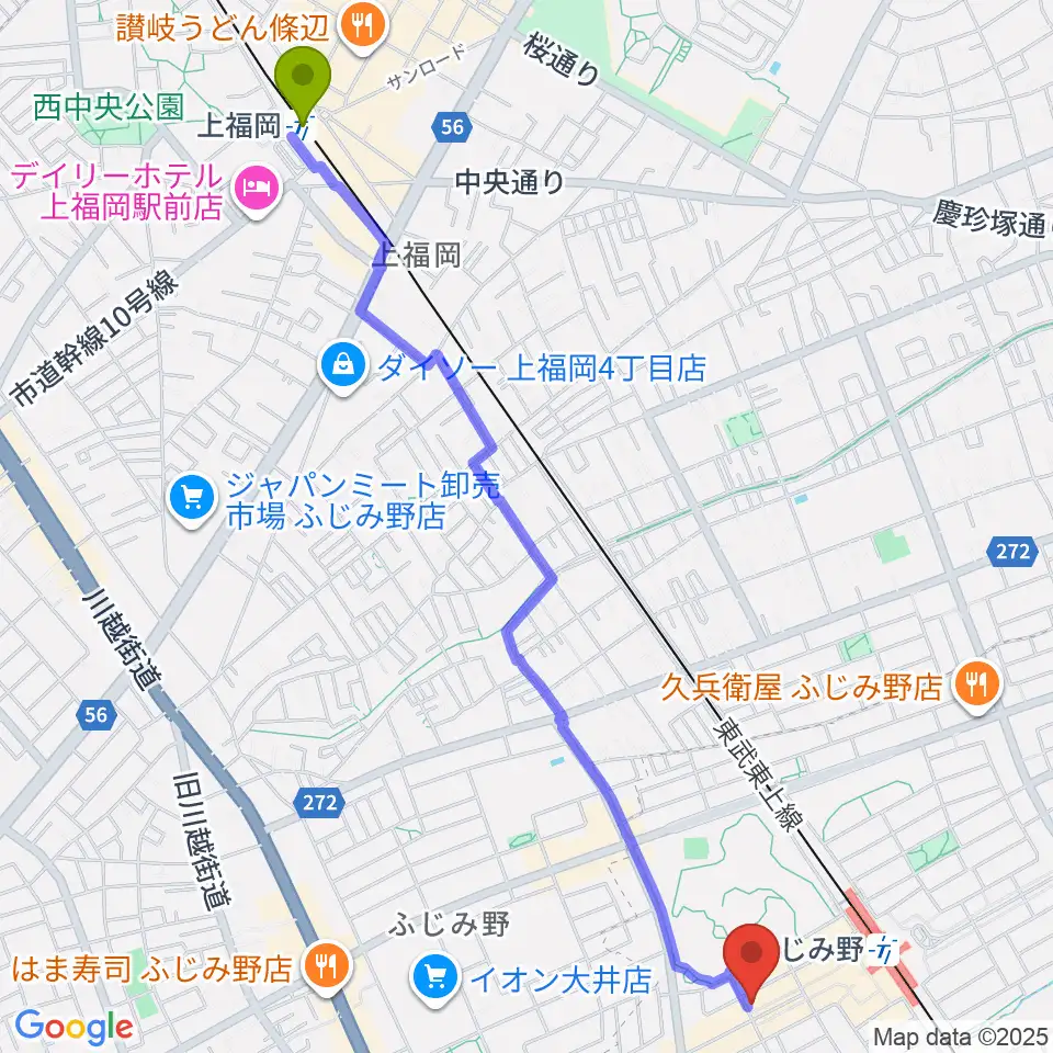 上福岡駅から音楽教室リズム21へのルートマップ地図