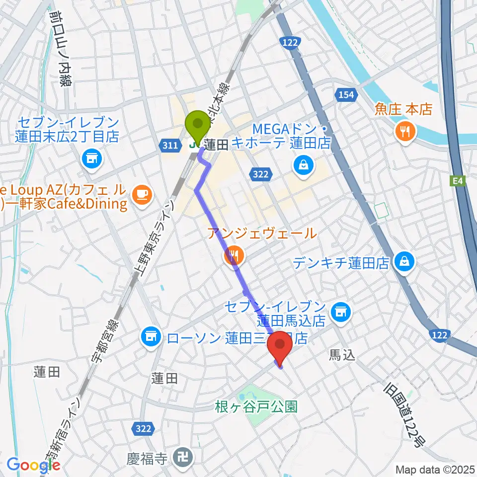 ストラックスの最寄駅蓮田駅からの徒歩ルート（約15分）地図