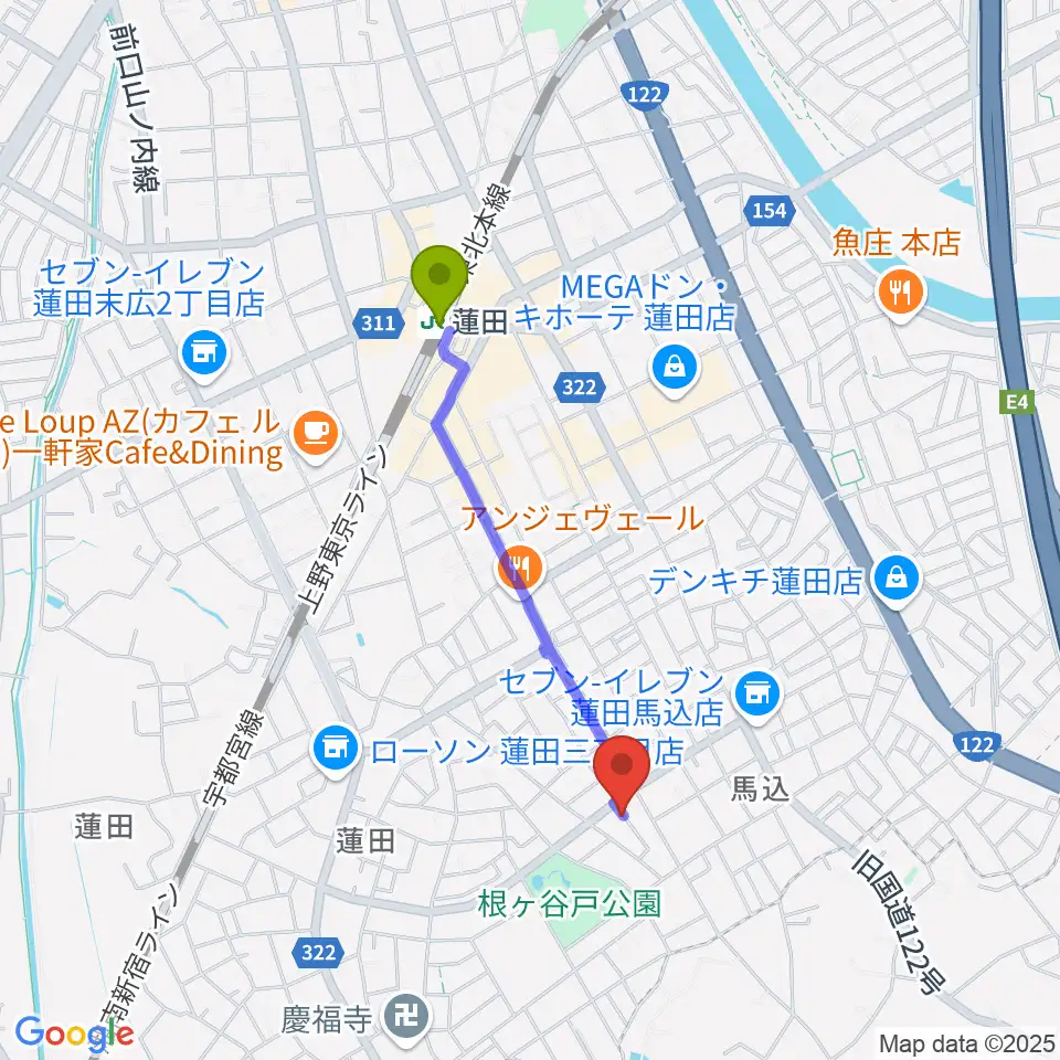 ストラックスの最寄駅蓮田駅からの徒歩ルート（約15分）地図