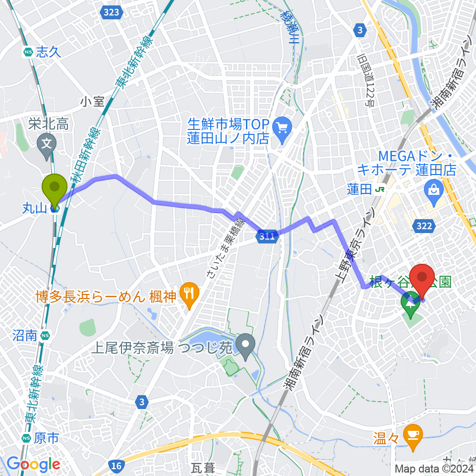 丸山駅からストラックスへのルートマップ地図