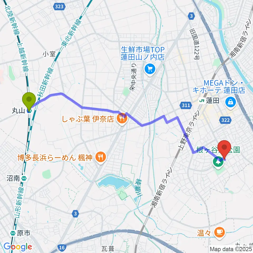 丸山駅からストラックスへのルートマップ地図