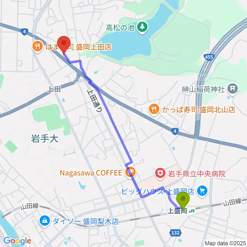 安倍管楽器サービスの最寄駅上盛岡駅からの徒歩ルート（約23分）地図