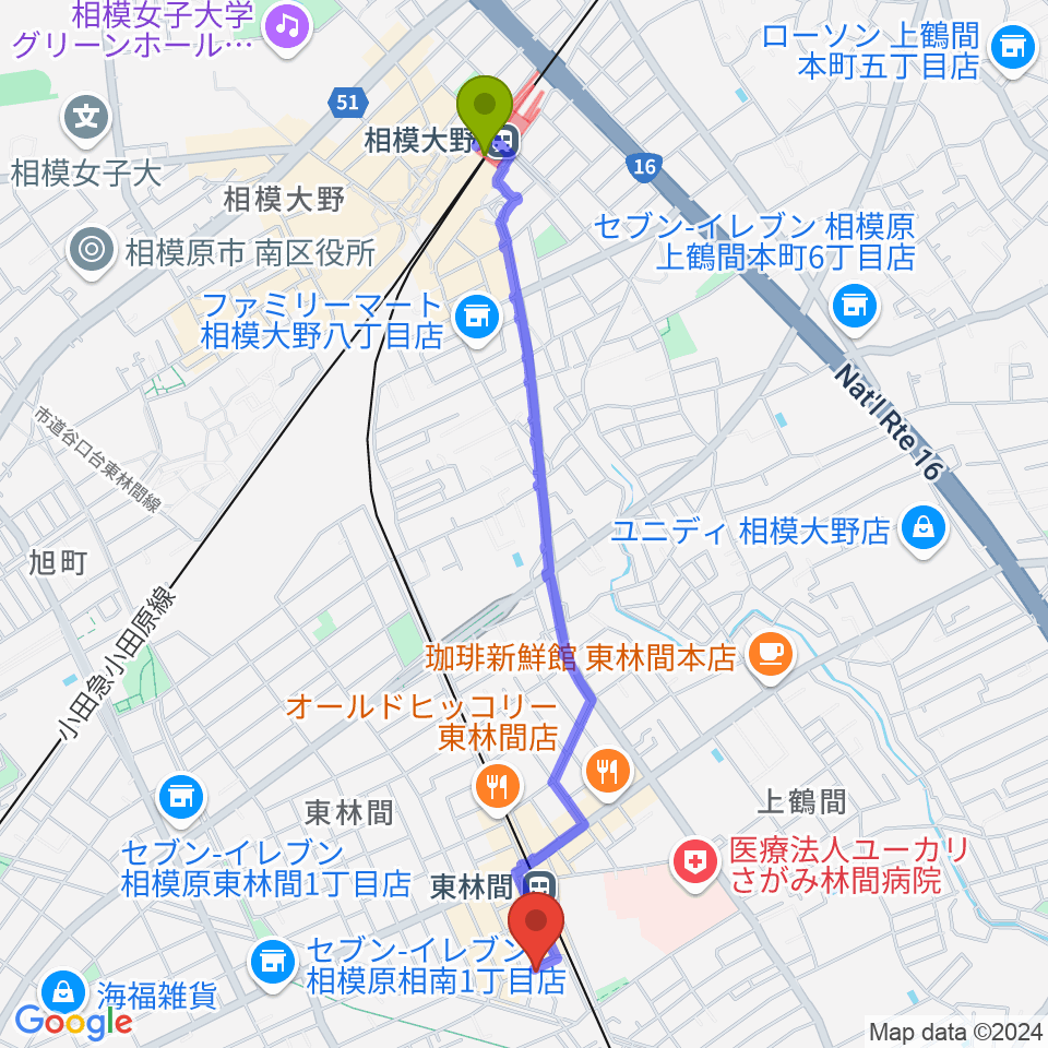 相模大野駅からVSP音楽院へのルートマップ地図