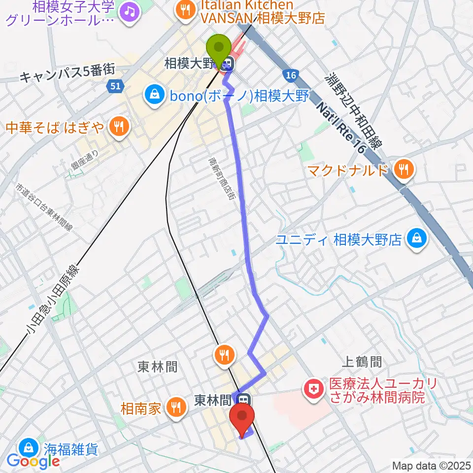 相模大野駅からVSP音楽院へのルートマップ地図