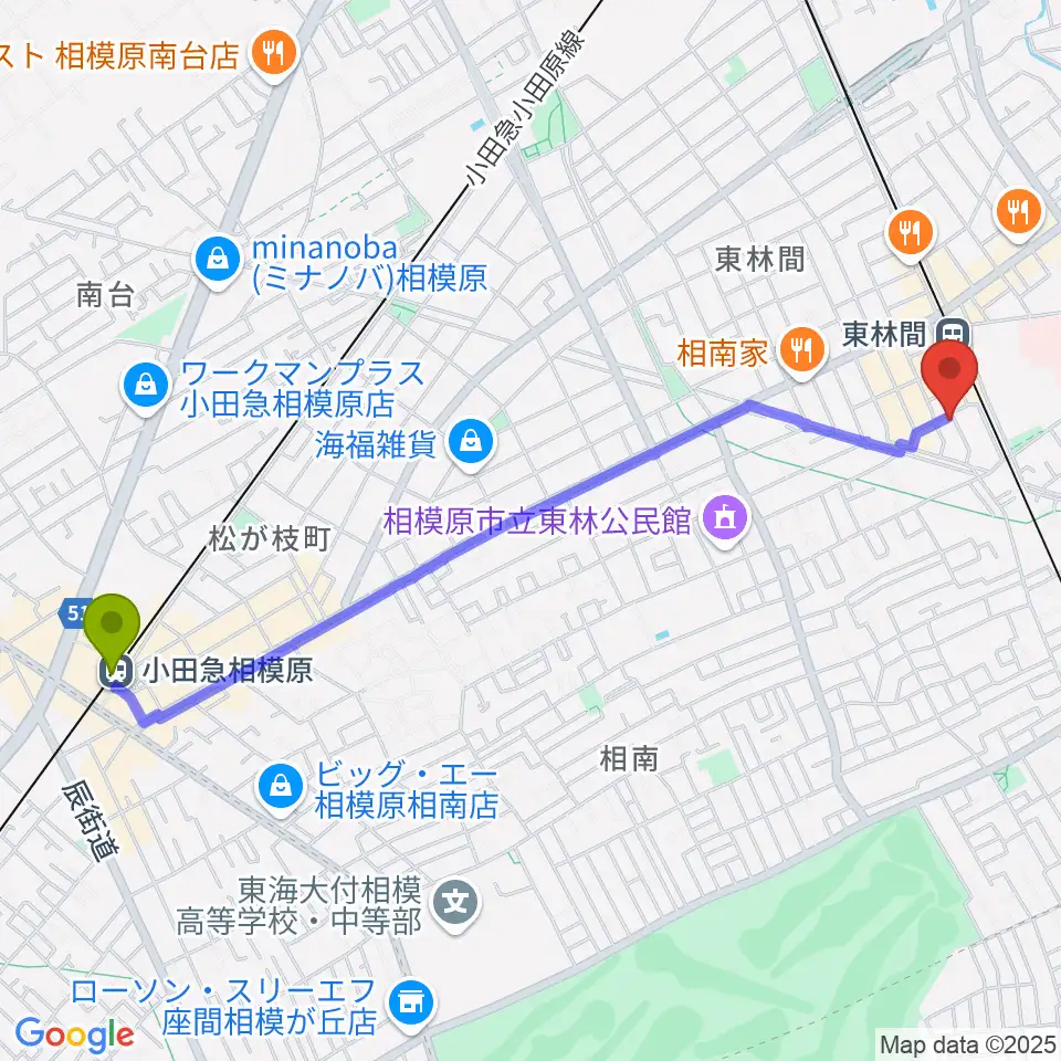 小田急相模原駅からVSP音楽院へのルートマップ地図