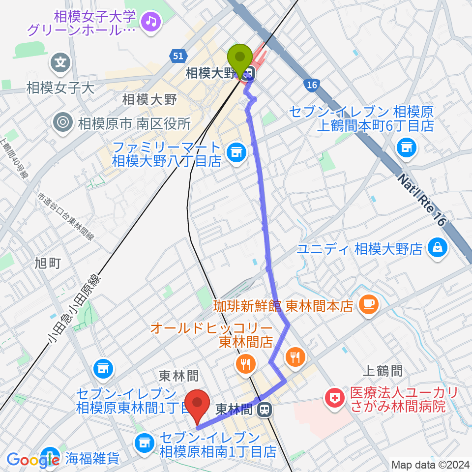 相模大野駅からVSPピアノ工房へのルートマップ地図