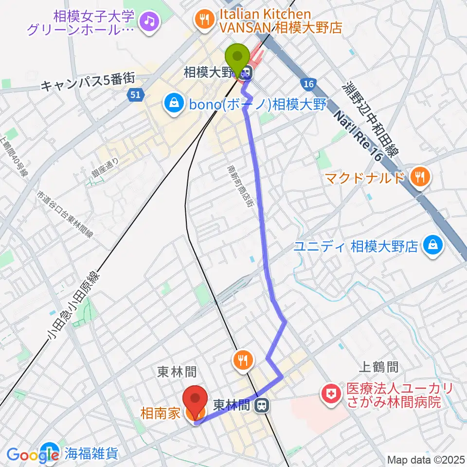 相模大野駅からVSPピアノ工房へのルートマップ地図