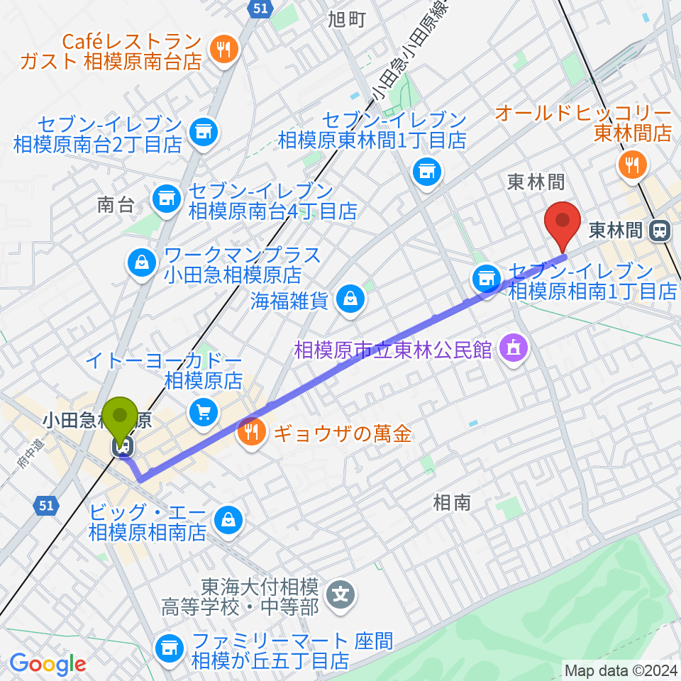 小田急相模原駅からVSPピアノ工房へのルートマップ地図