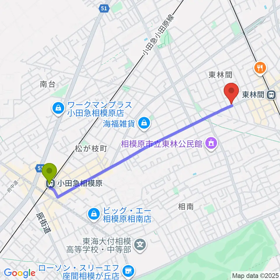 小田急相模原駅からVSPピアノ工房へのルートマップ地図
