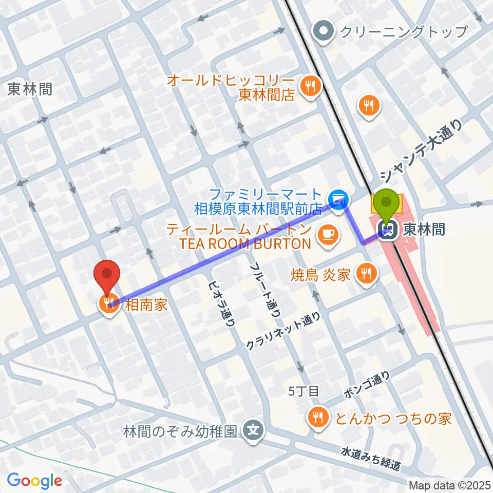 VSPピアノ工房の最寄駅東林間駅からの徒歩ルート（約5分）地図