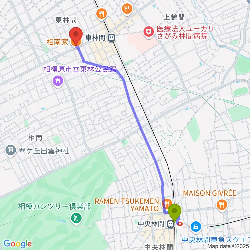 中央林間駅からVSPピアノ工房へのルートマップ地図