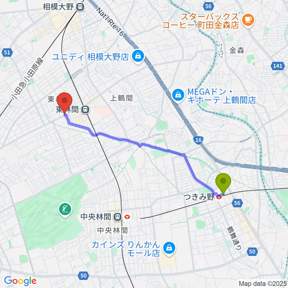 つきみ野駅からVSPピアノ工房へのルートマップ地図