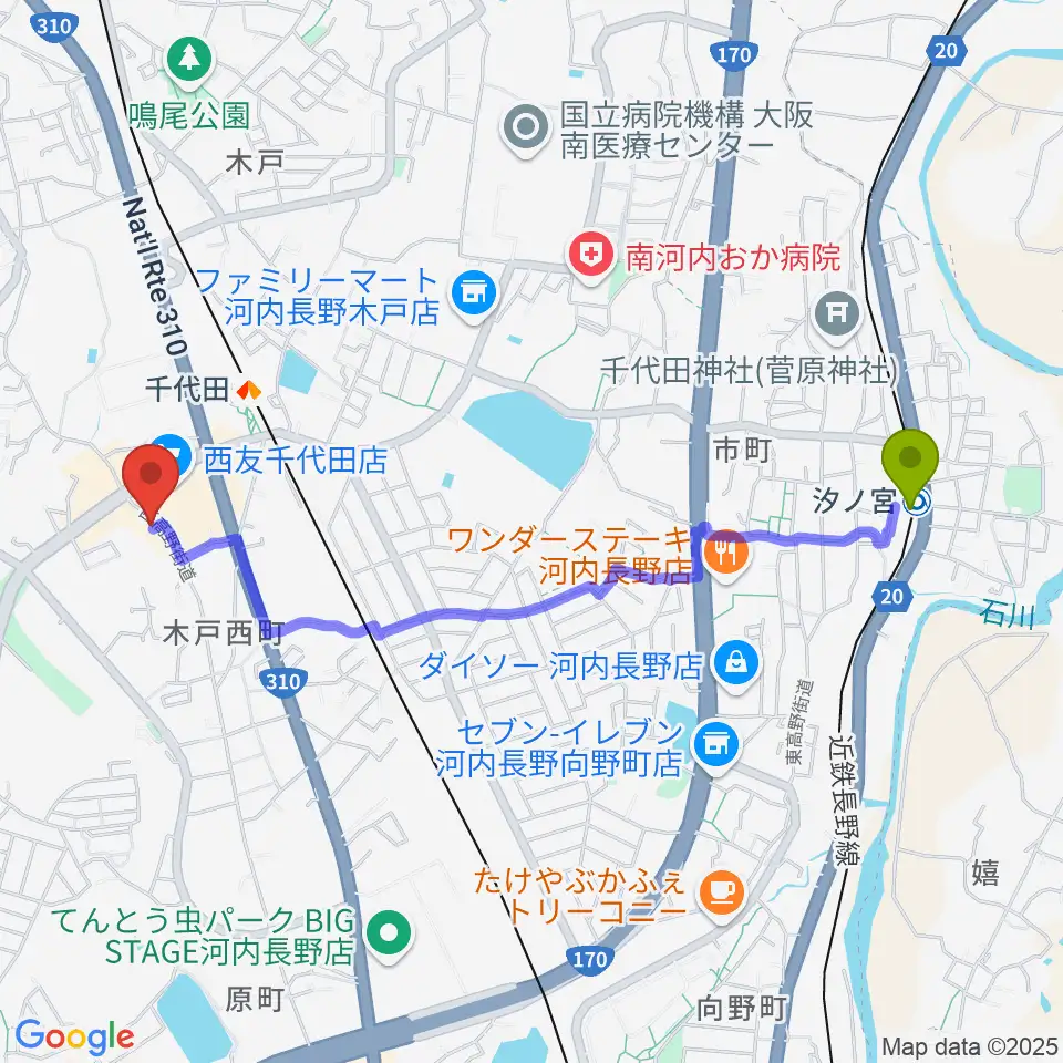 汐ノ宮駅からニシバタ楽器 千代田本店へのルートマップ地図