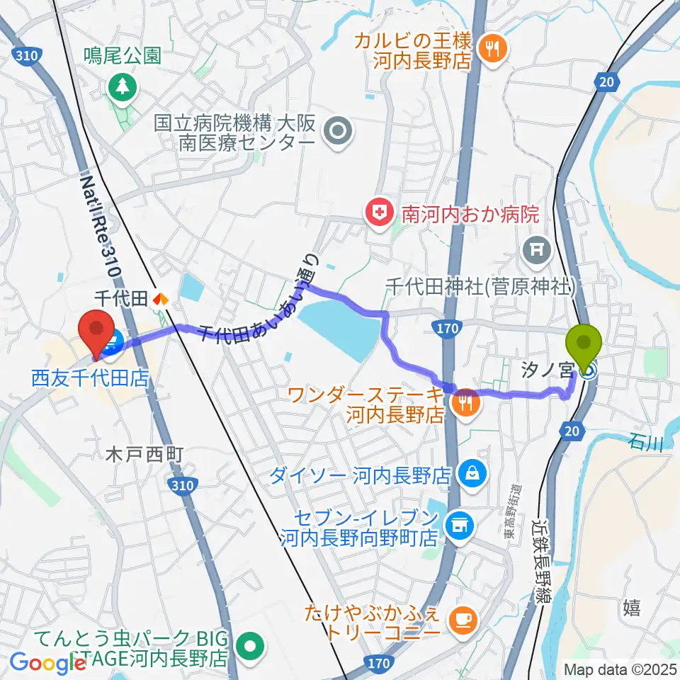 汐ノ宮駅からニシバタ楽器へのルートマップ地図