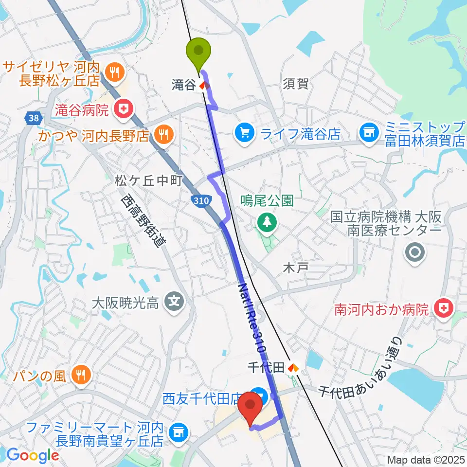 滝谷駅からニシバタ楽器 千代田本店へのルートマップ地図