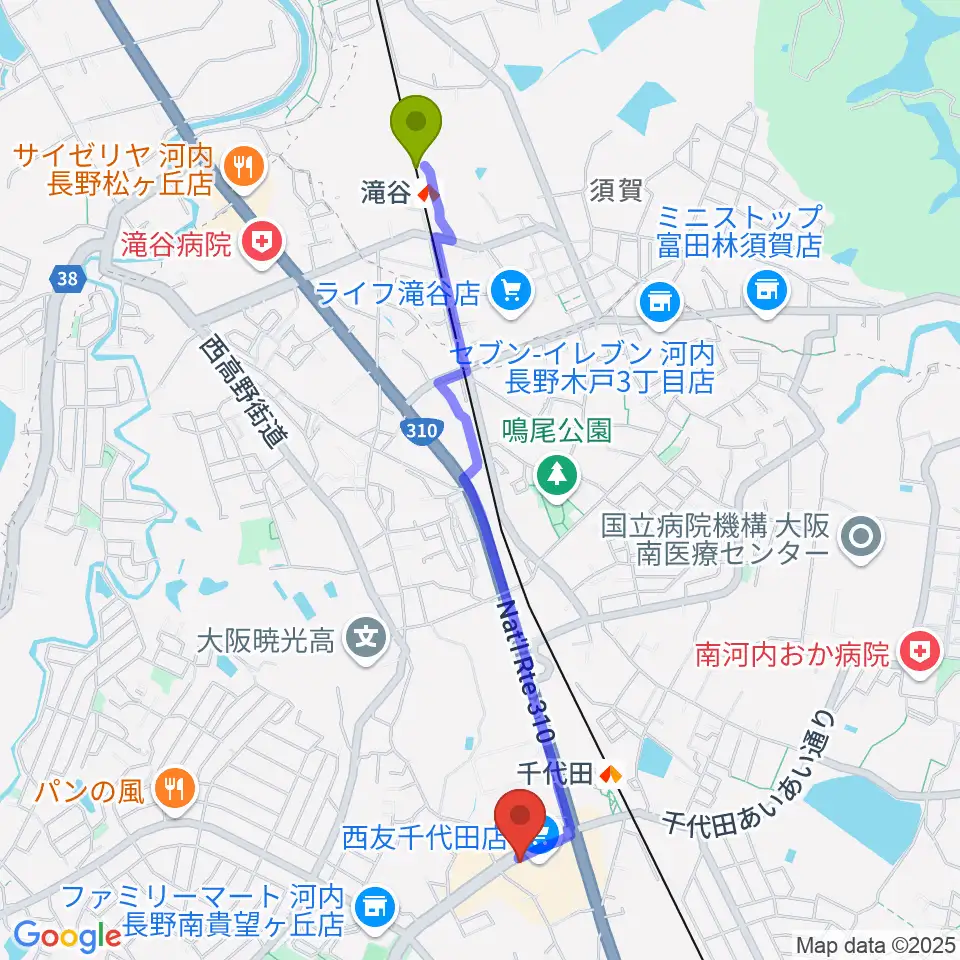 滝谷駅からニシバタ楽器へのルートマップ地図