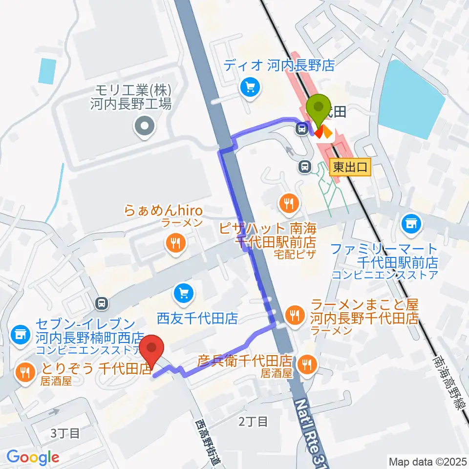 ニシバタ楽器 千代田本店の最寄駅千代田駅からの徒歩ルート（約5分）地図