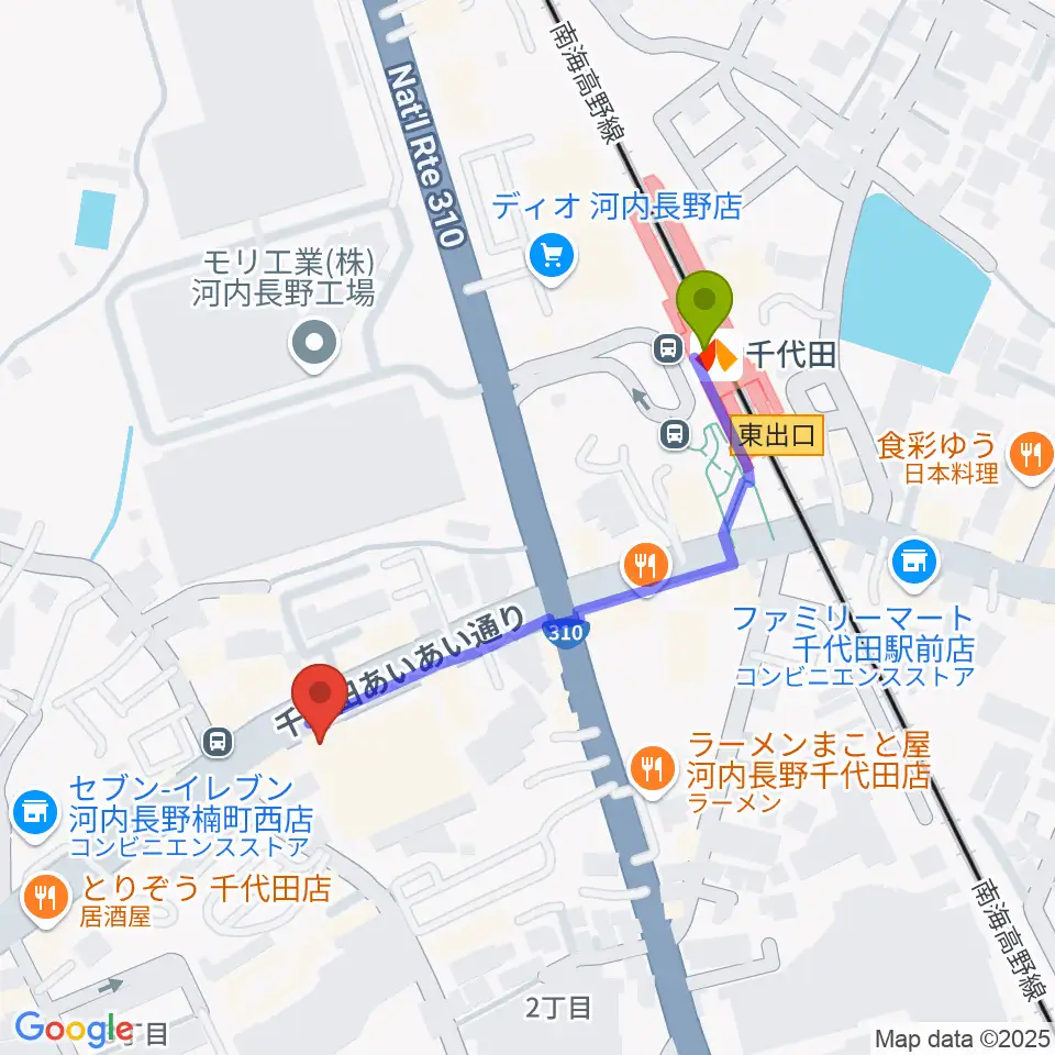 ニシバタ楽器の最寄駅千代田駅からの徒歩ルート（約4分）地図