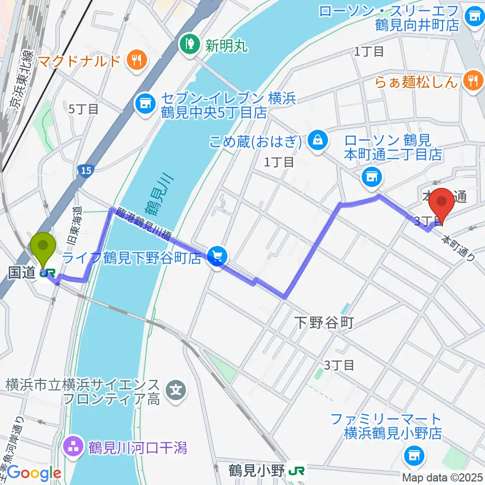 国道駅からビーム・ミュージック・アカデミーへのルートマップ地図