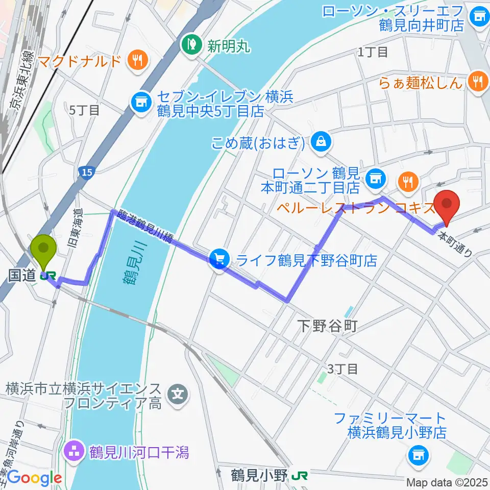 国道駅からカルチャースクール・ビームへのルートマップ地図