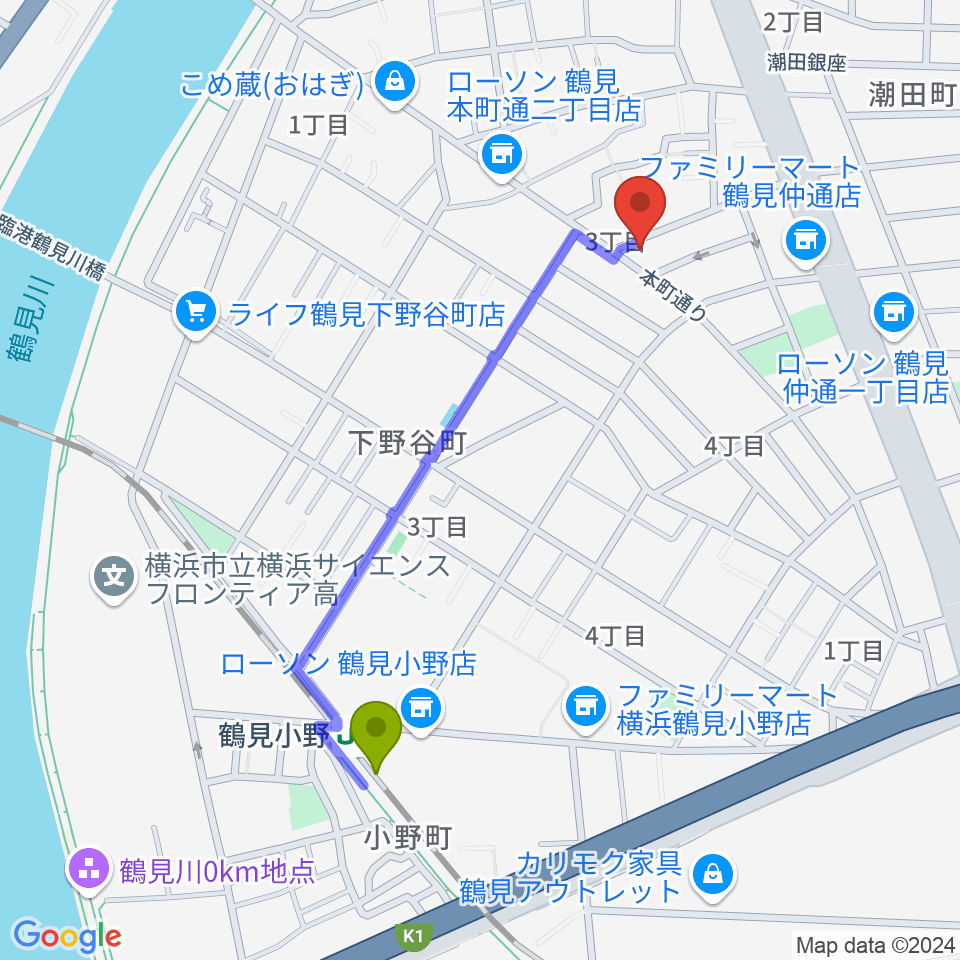 ビーム・ミュージック・アカデミーの最寄駅鶴見小野駅からの徒歩ルート（約10分）地図