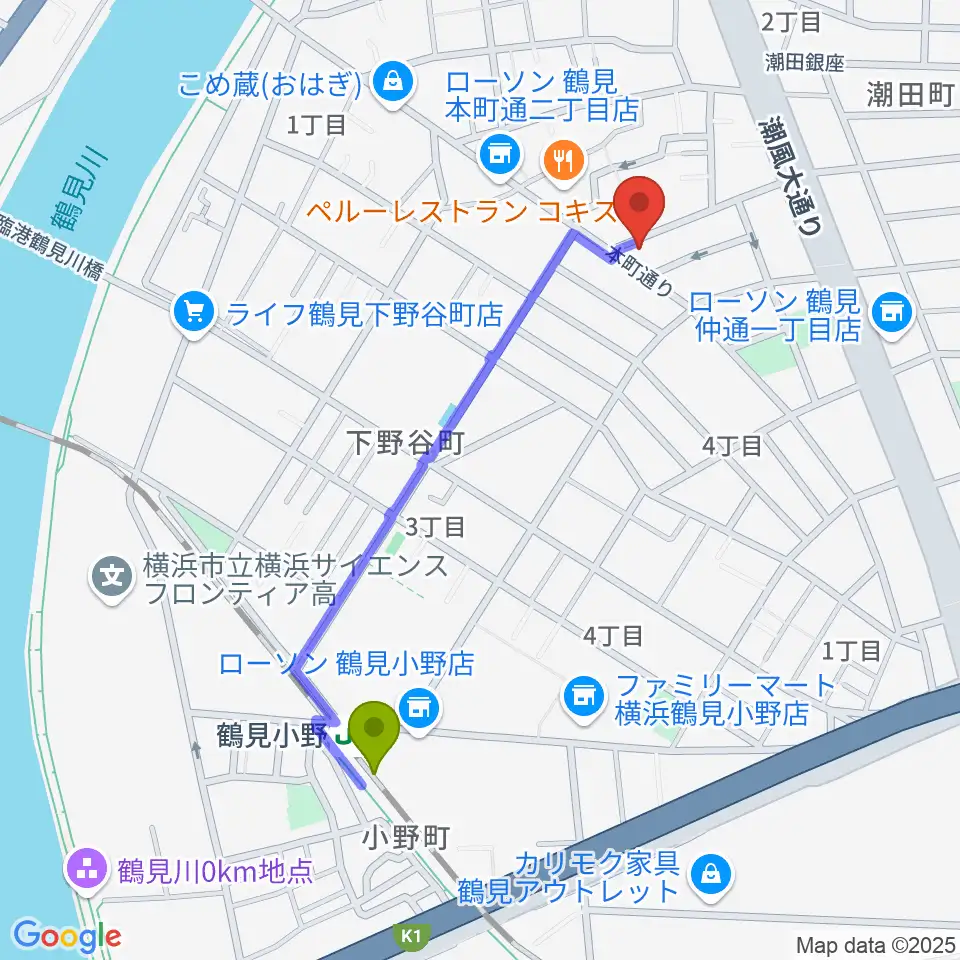 カルチャースクール・ビームの最寄駅鶴見小野駅からの徒歩ルート（約10分）地図