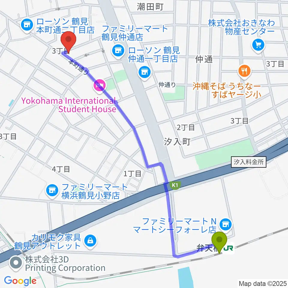 弁天橋駅からビーム・ミュージック・アカデミーへのルートマップ地図