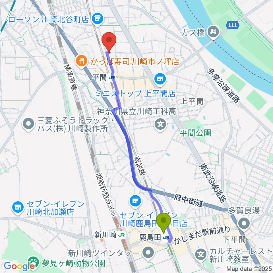 鹿島田駅からアルテミュージックスクールへのルートマップ地図