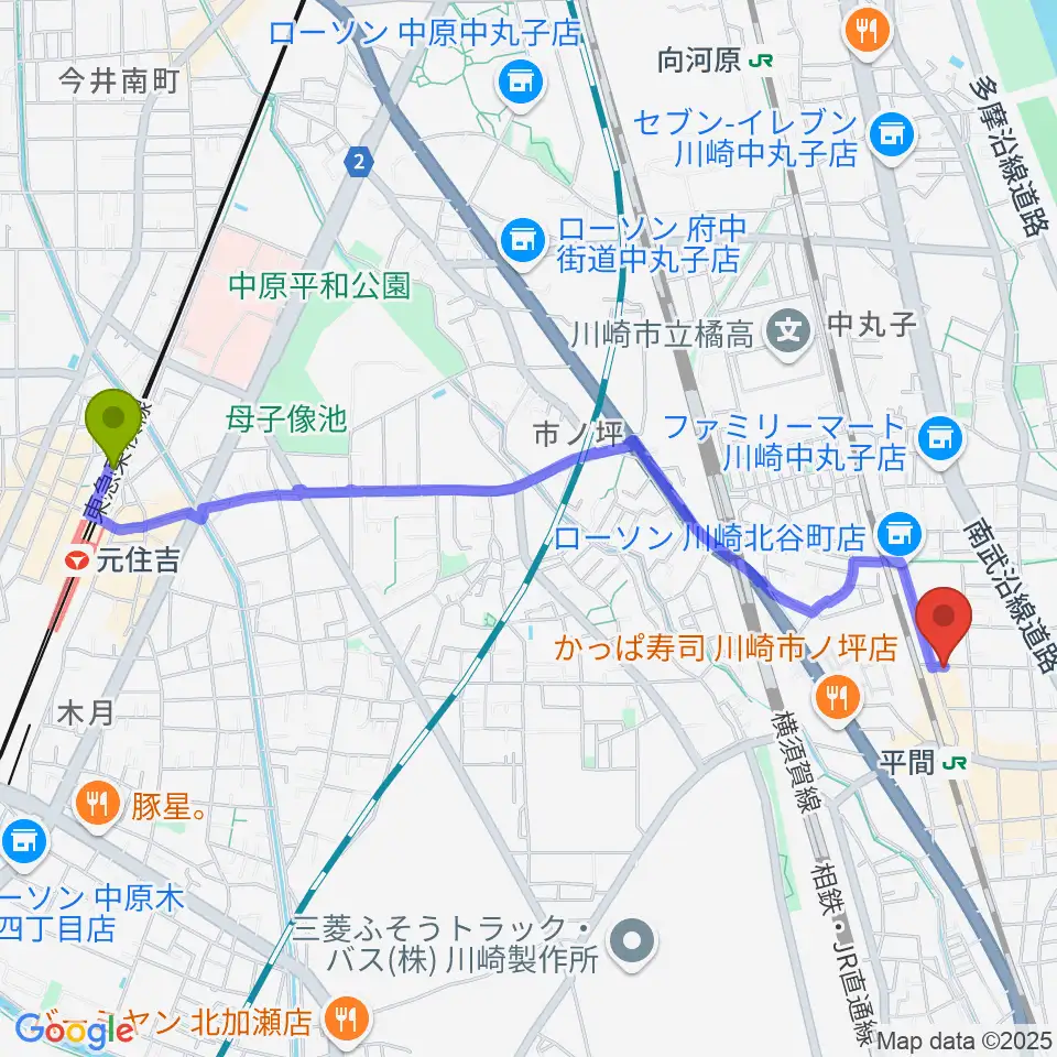 元住吉駅からアルテミュージックスクールへのルートマップ地図