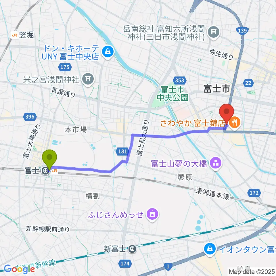 富士駅からかやはら音楽教室へのルートマップ地図