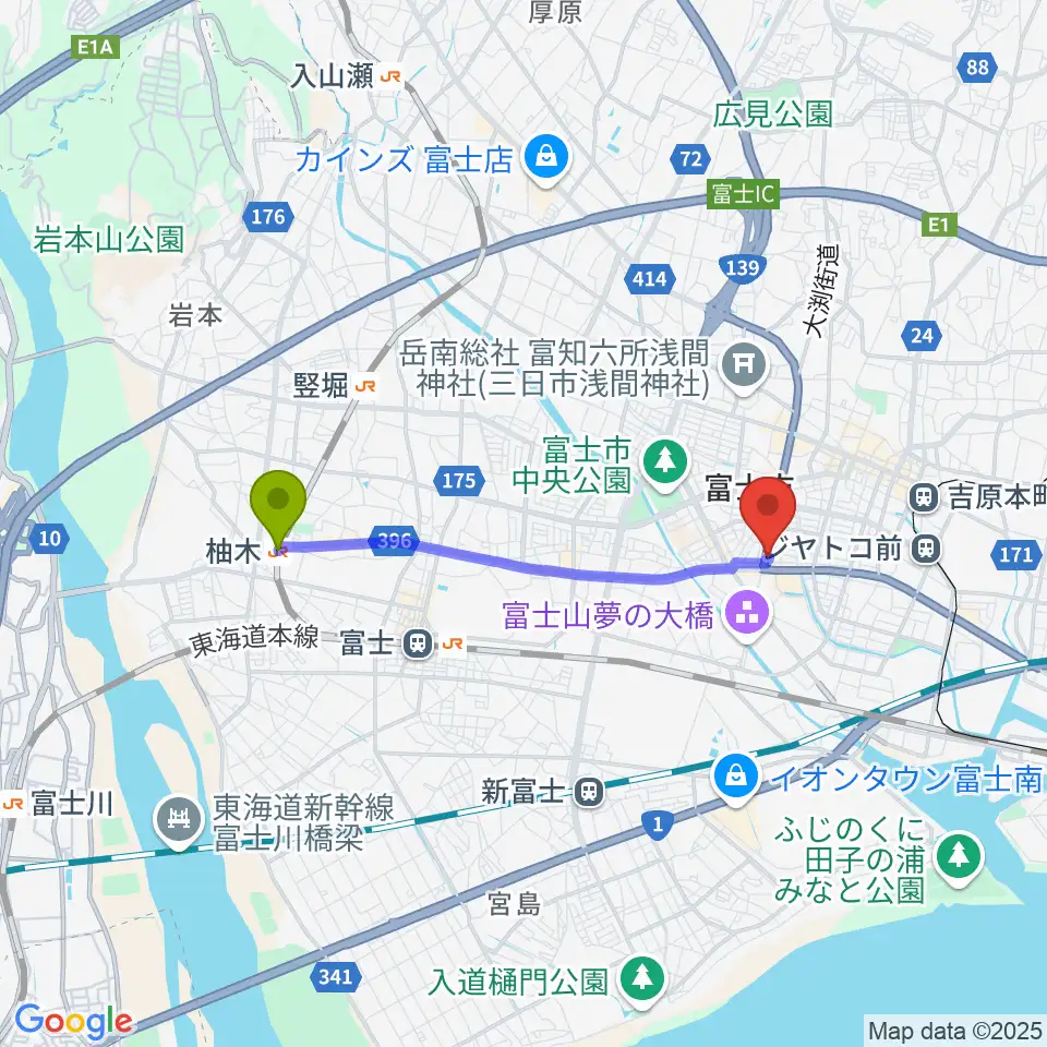 柚木駅からかやはら音楽教室へのルートマップ地図