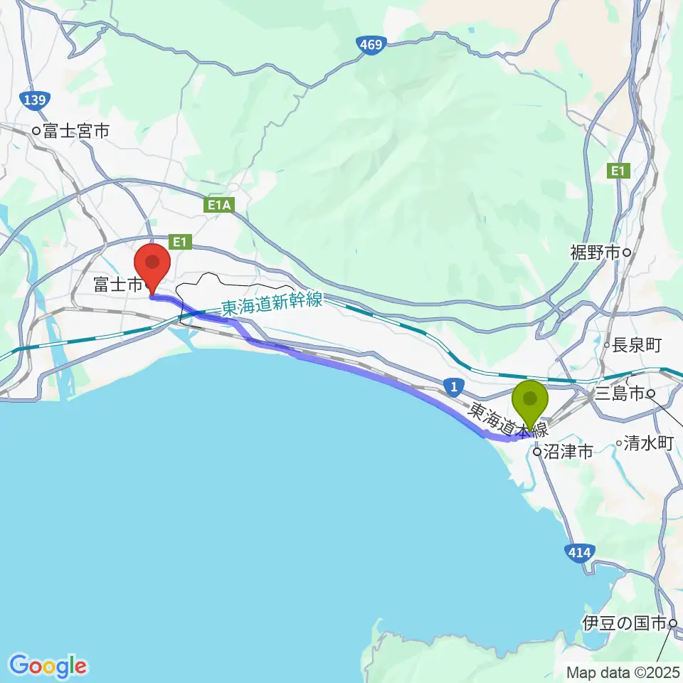 沼津駅からかやはら音楽教室へのルートマップ地図