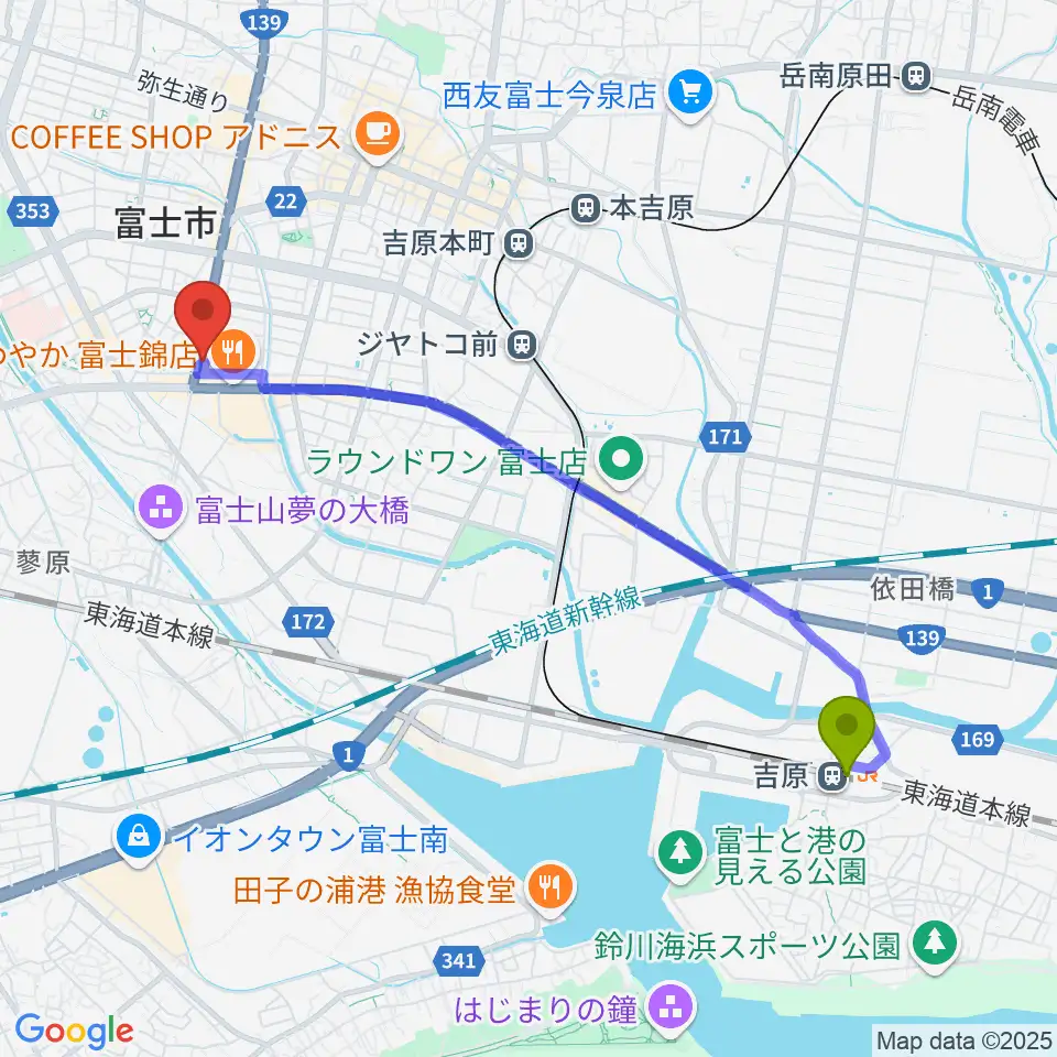吉原駅からかやはら音楽教室へのルートマップ地図