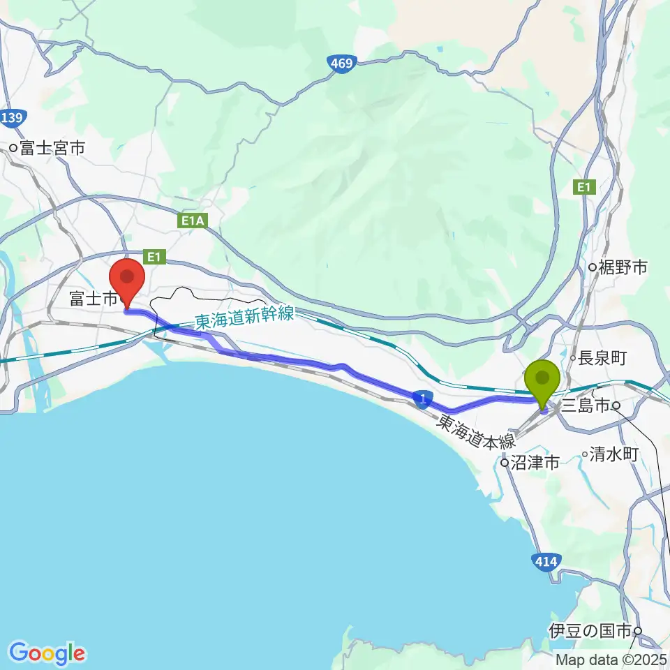 大岡駅からかやはら音楽教室へのルートマップ地図