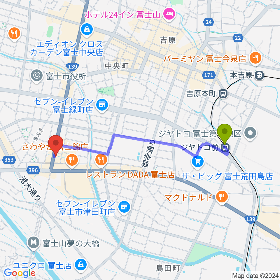 かやはら音楽教室 吉原教室の最寄駅ジヤトコ前（ジヤトコ１地区前）駅からの徒歩ルート（約19分）地図