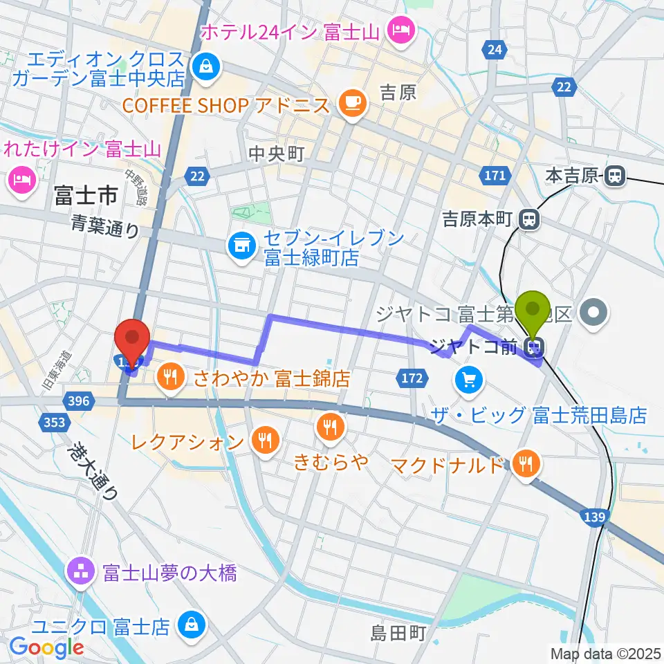 かやはら音楽教室の最寄駅ジヤトコ前（ジヤトコ１地区前）駅からの徒歩ルート（約19分）地図