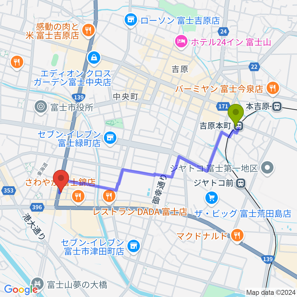 吉原本町駅からかやはら音楽教室 吉原教室へのルートマップ地図