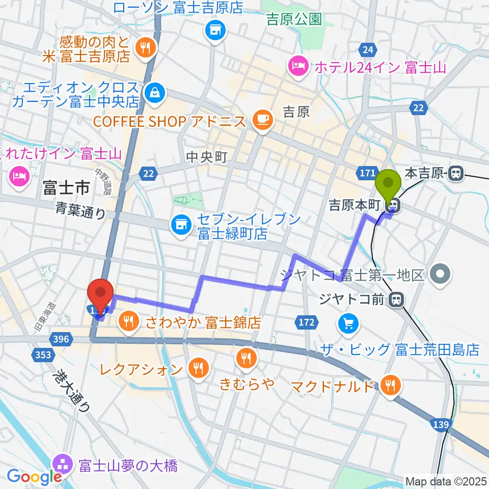 吉原本町駅からかやはら音楽教室へのルートマップ地図