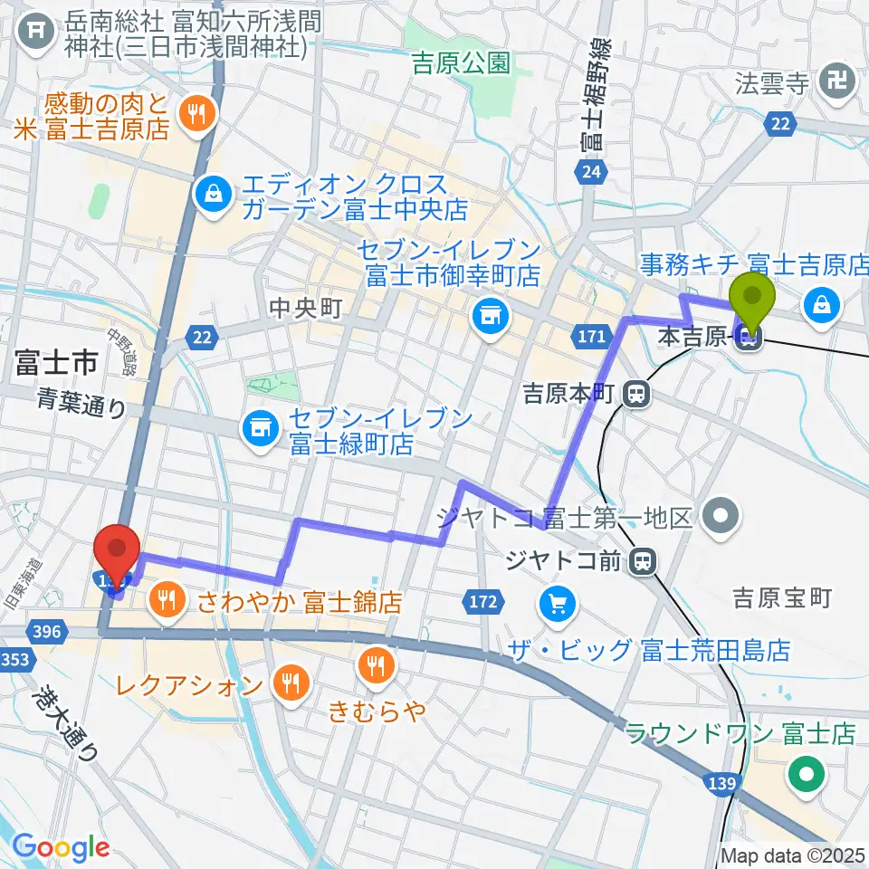 本吉原駅からかやはら音楽教室へのルートマップ地図