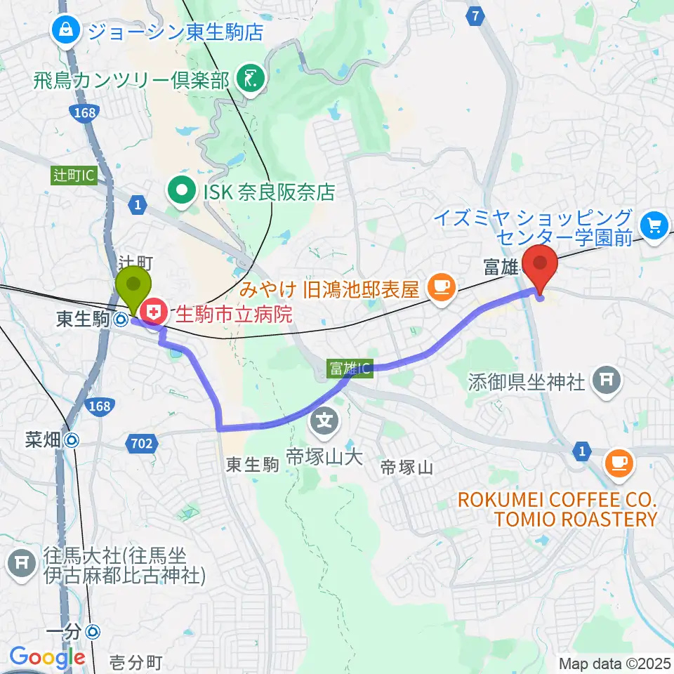 東生駒駅からサンシャインギターへのルートマップ地図