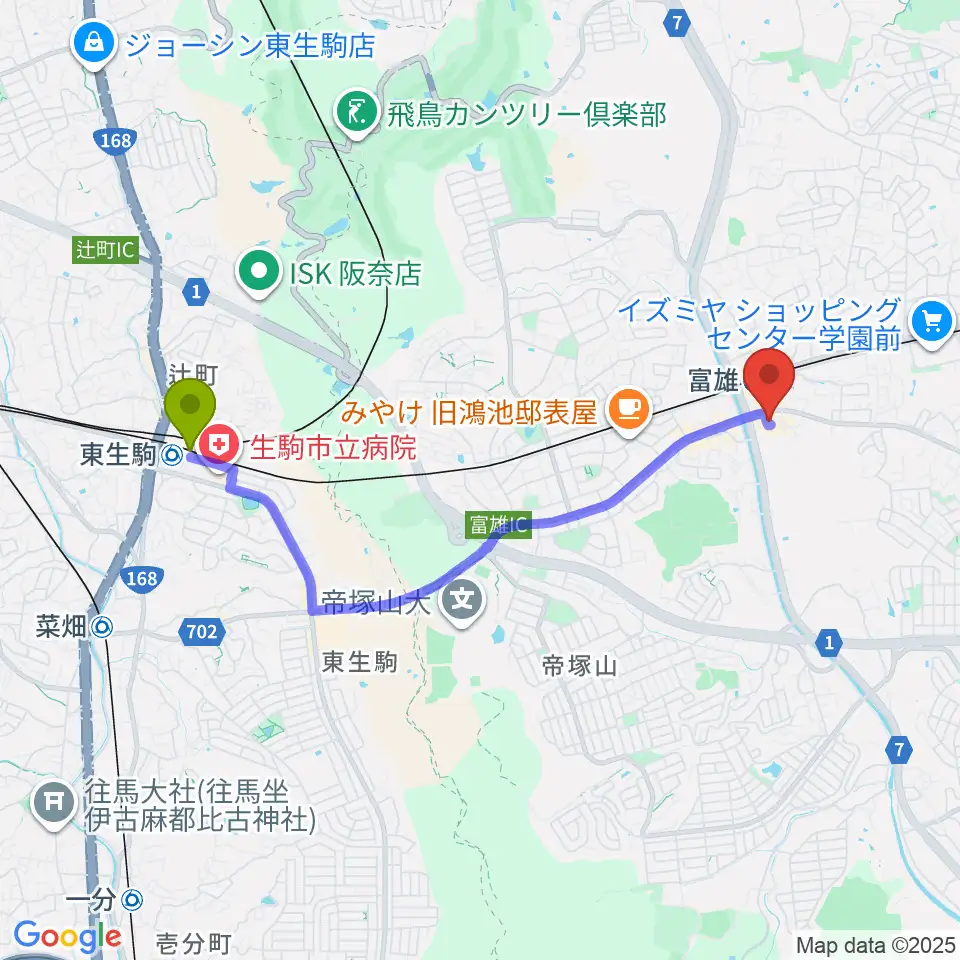 東生駒駅からサンシャインギターへのルートマップ地図