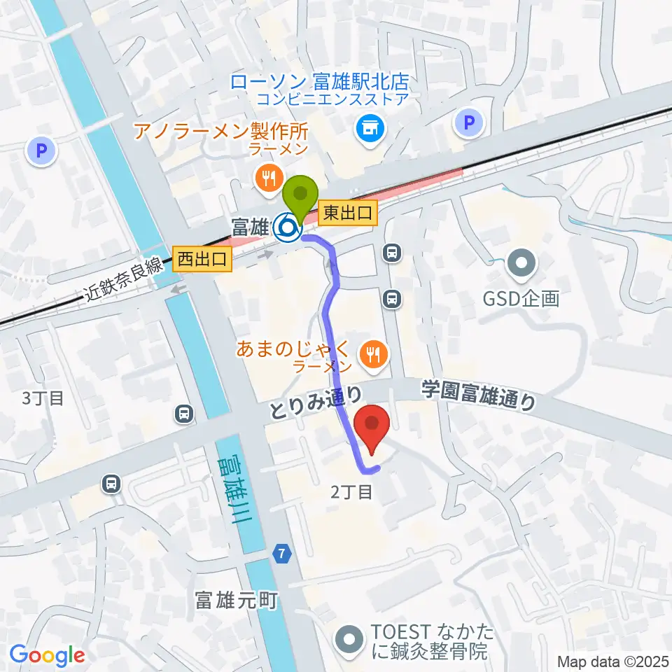 サンシャインギターの最寄駅富雄駅からの徒歩ルート（約3分）地図