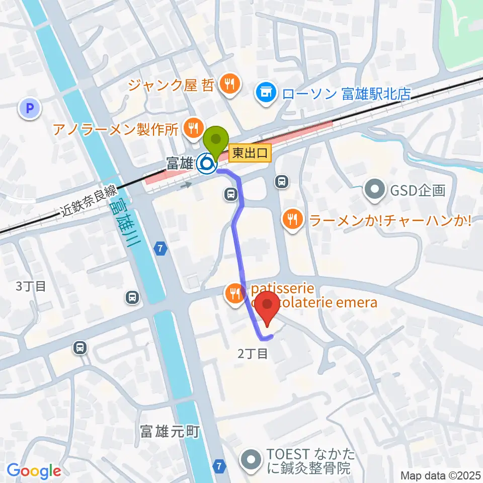 サンシャインギターの最寄駅富雄駅からの徒歩ルート（約3分）地図