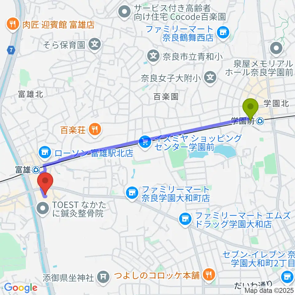 学園前駅からサンシャインギターへのルートマップ地図