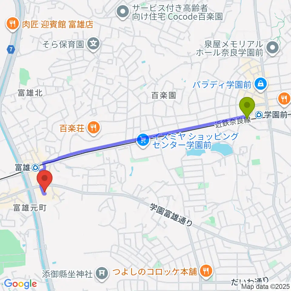 学園前駅からサンシャインギターへのルートマップ地図