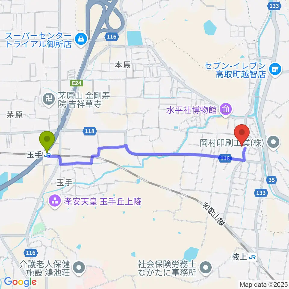玉手駅から丸山ギター工房 クラフトMへのルートマップ地図