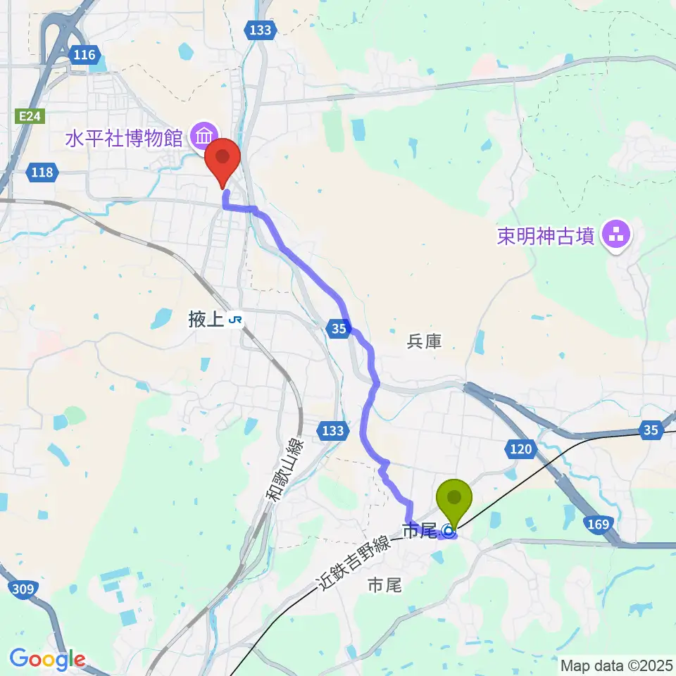 市尾駅から丸山ギター工房 クラフトMへのルートマップ地図
