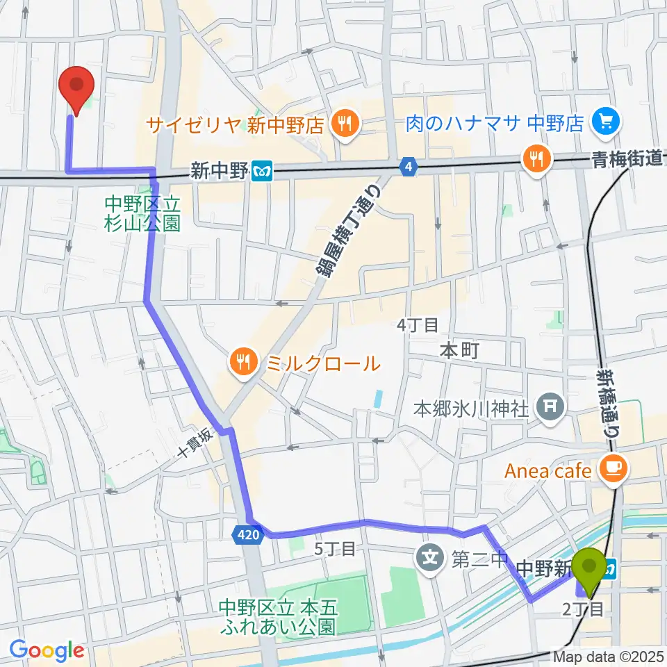 中野新橋駅からキース工房音楽教室へのルートマップ地図