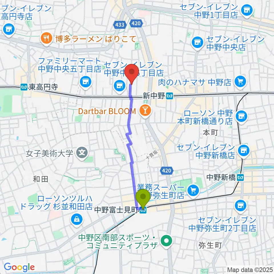 中野富士見町駅からキース工房音楽教室へのルートマップ地図