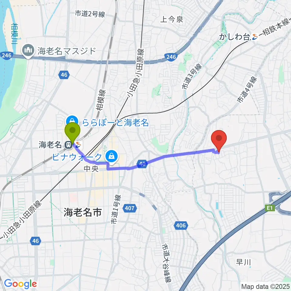 海老名駅からミュージックメモリー音楽教室へのルートマップ地図